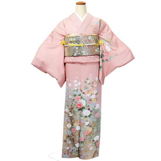 訪問着/コーラルピンクに四季の花々 | 着物オンラインレンタルサイト 